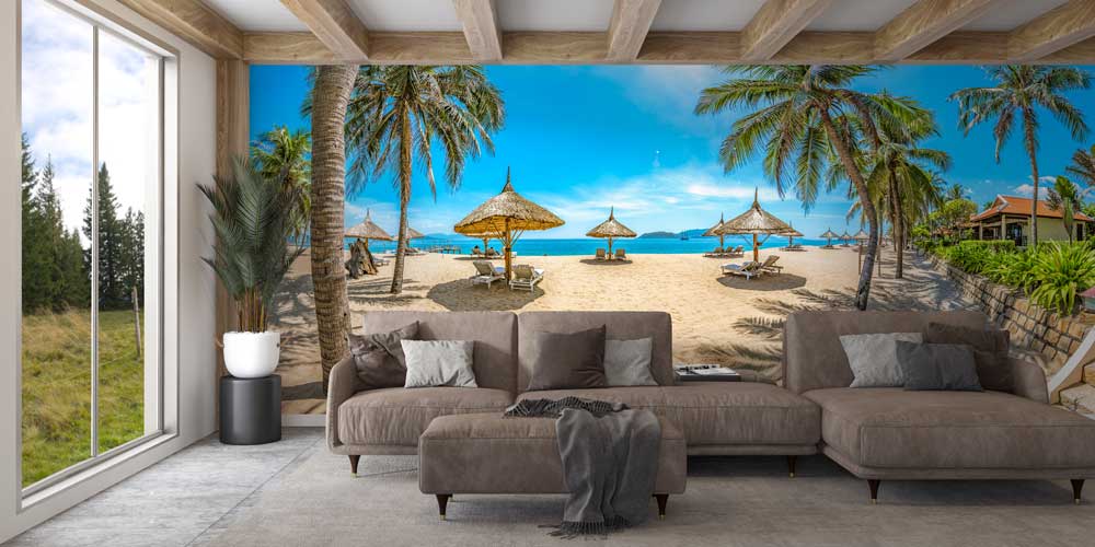 Tropikal Sahil Palmiye ve Şezlong Duvar Kağıdı 12846