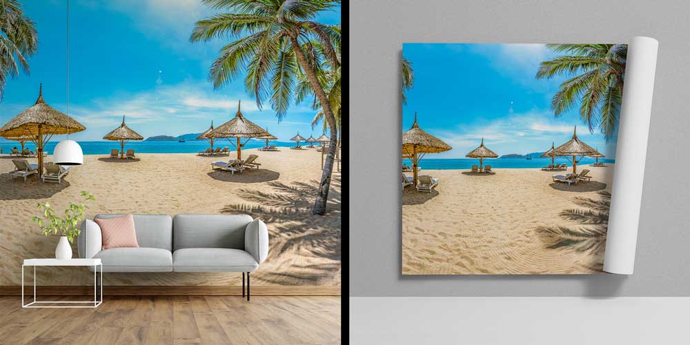 Tropikal Sahil Palmiye ve Şezlong Duvar Kağıdı 12846