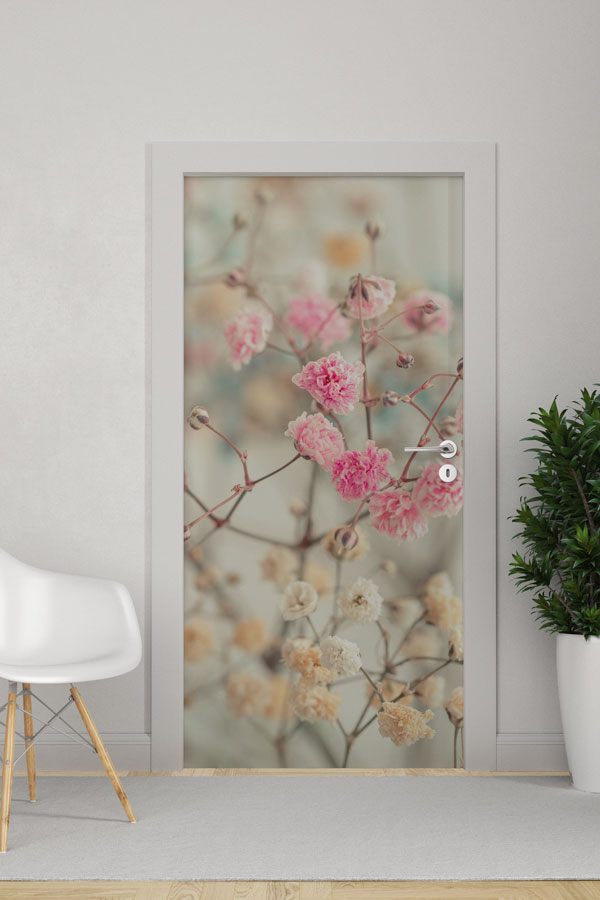 Pastel Çiçek Dalları Desenli Zarif Botanik Kapı Giydirme Tasarımı 9342