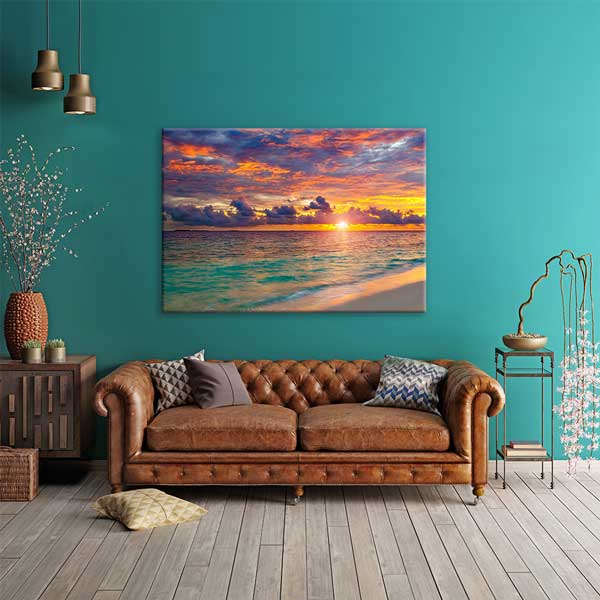 Turuncu ve Mor Gün Batımı Sahil Manzarası Kanvas Tablo 13349