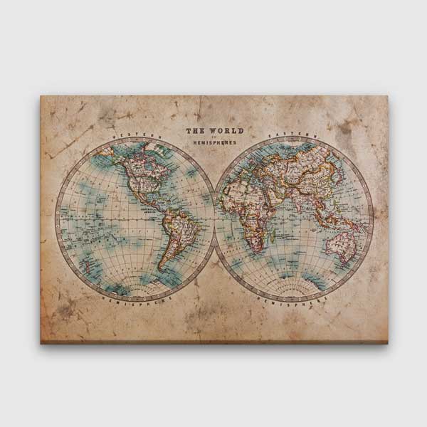 Klasik Çift Yarımküre Dünya Haritası Kanvas Tablo 5265