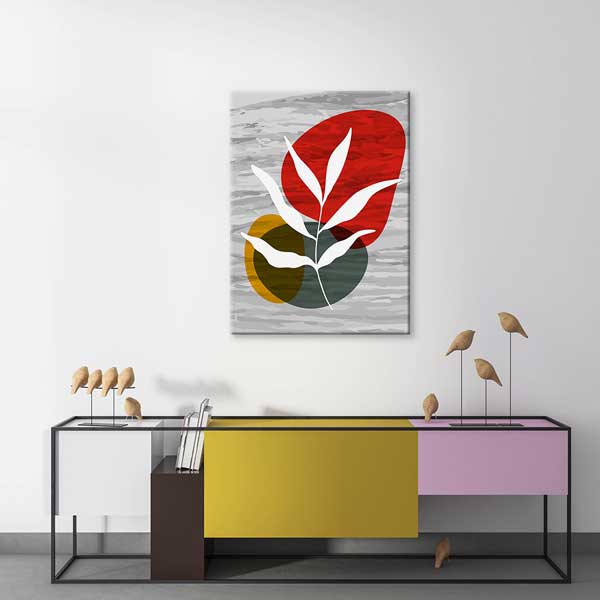 Renk Bloklu Yaprak Figürlü Minimal Duvar Tablosu 13978