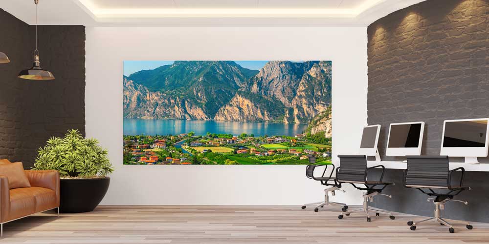 wall-poster-print-14256-03 Akşam Işığında Dağ Manzaralı Göl ve Kasaba Büyük Ebat Duvar Dekoru 14256