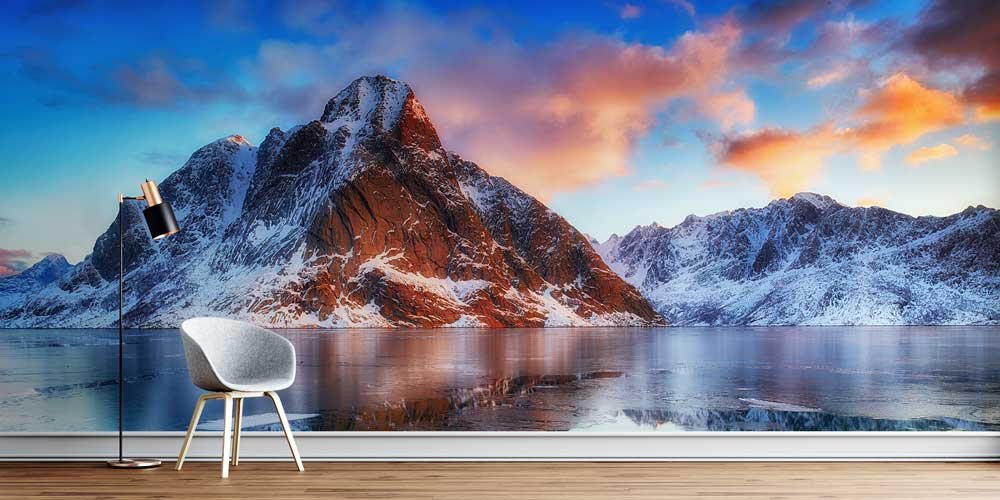 wall-print-cover-13083-00 Karlı Dağlar ve Göl Yansıması Manzaralı Duvar Kağıdı 13083