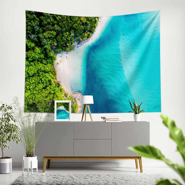 wall-tapestry-14270-00 Tropikal Kıyı ve Turkuaz Deniz Doğa Manzarası Duvar Örtüsü Kumaş Baskı 14270