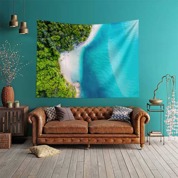 Tropikal Kıyı ve Turkuaz Deniz Doğa Manzarası Duvar Örtüsü Kumaş Baskı 14270