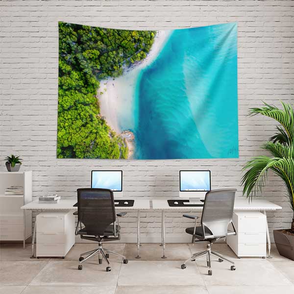 Tropikal Kıyı ve Turkuaz Deniz Doğa Manzarası Duvar Örtüsü Kumaş Baskı 14270