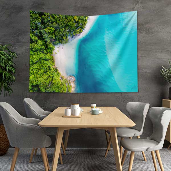Tropikal Kıyı ve Turkuaz Deniz Doğa Manzarası Duvar Örtüsü Kumaş Baskı 14270