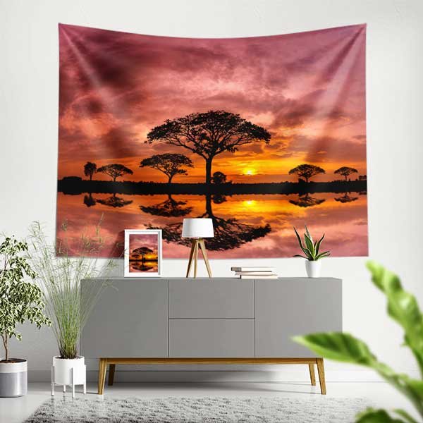 wall-tapestry-14281-00 Afrika Savanası Gün Batımı ve Ağaç Yansımaları Duvar Örtüsü Kumaş Baskı 14281