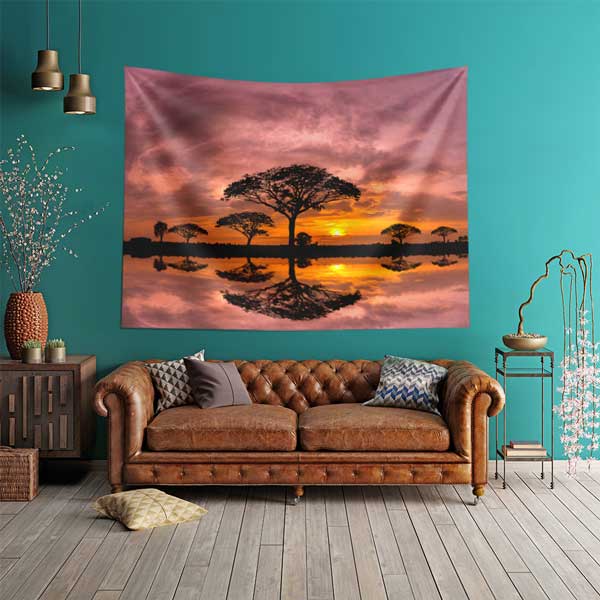Afrika Savanası Gün Batımı ve Ağaç Yansımaları Duvar Örtüsü Kumaş Baskı 14281