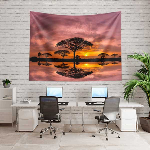 Afrika Savanası Gün Batımı ve Ağaç Yansımaları Duvar Örtüsü Kumaş Baskı 14281