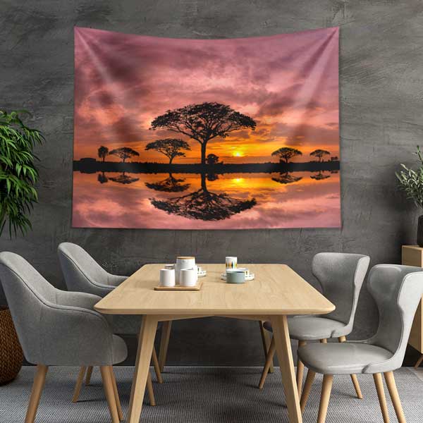 Afrika Savanası Gün Batımı ve Ağaç Yansımaları Duvar Örtüsü Kumaş Baskı 14281