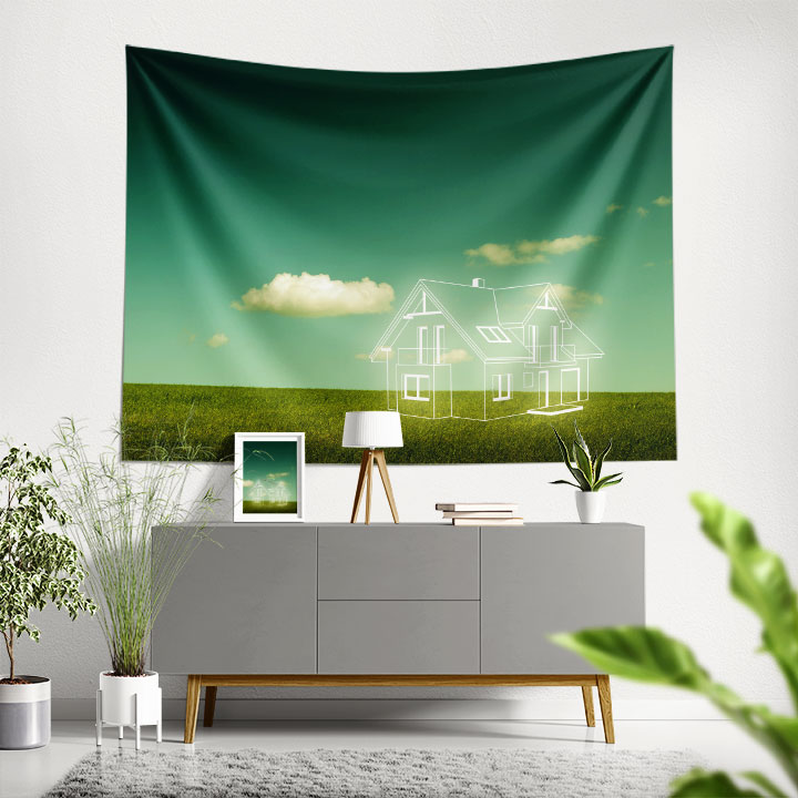 Yeşil Çim Üzerinde Ev Çizimli Gökyüzü Temalı Duvar Örtüsü Kumaş Baskı 5591
