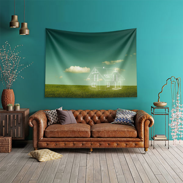 Yeşil Çim Üzerinde Ev Çizimli Gökyüzü Temalı Duvar Örtüsü Kumaş Baskı 5591