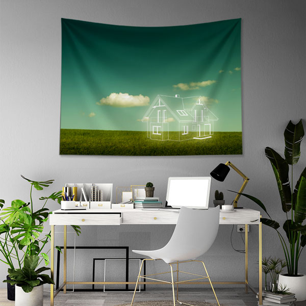 Yeşil Çim Üzerinde Ev Çizimli Gökyüzü Temalı Duvar Örtüsü Kumaş Baskı 5591