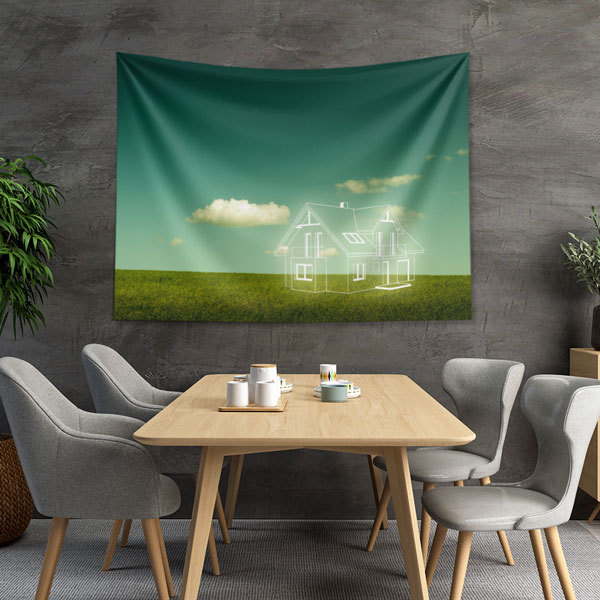 Yeşil Çim Üzerinde Ev Çizimli Gökyüzü Temalı Duvar Örtüsü Kumaş Baskı 5591