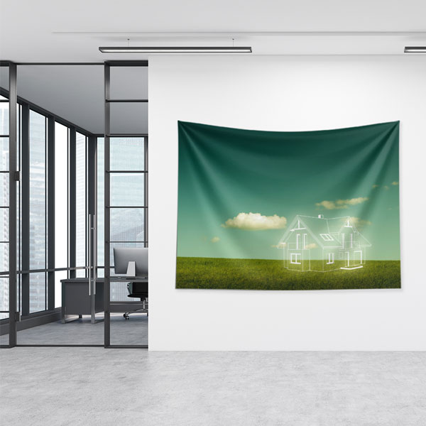 Yeşil Çim Üzerinde Ev Çizimli Gökyüzü Temalı Duvar Örtüsü Kumaş Baskı 5591