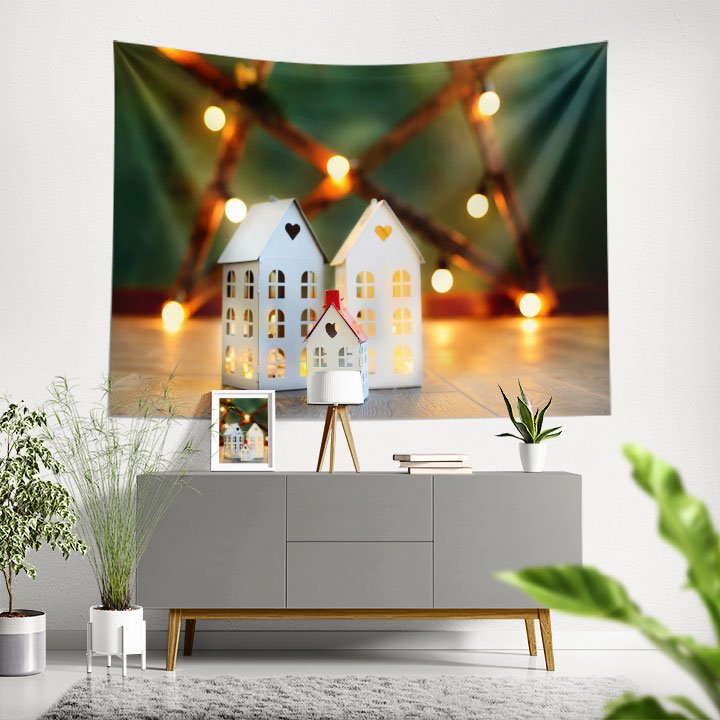 Işıklandırmalı Beyaz Ev Figürlü Dekoratif Duvar Örtüsü Kumaş Baskı 5594