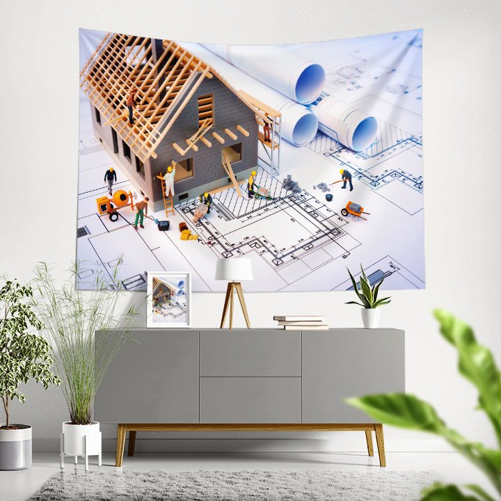 İnşaat Çalışmaları ve Proje Planı Temalı Duvar Örtüsü Kumaş Baskı 5595