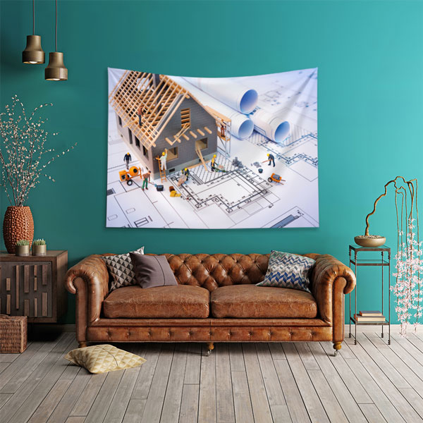 İnşaat Çalışmaları ve Proje Planı Temalı Duvar Örtüsü Kumaş Baskı 5595