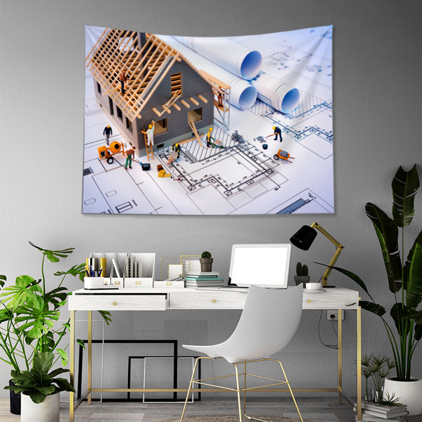 İnşaat Çalışmaları ve Proje Planı Temalı Duvar Örtüsü Kumaş Baskı 5595