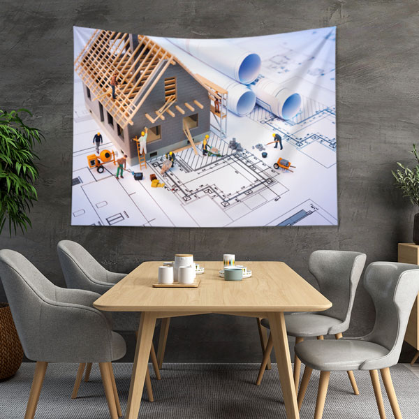 İnşaat Çalışmaları ve Proje Planı Temalı Duvar Örtüsü Kumaş Baskı 5595