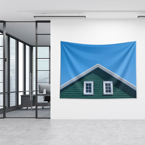 wall-tapestry-5602-04 Yeşil Çatılı Ev ve Mavi Gökyüzü Temalı Duvar Örtüsü Kumaş Baskı 5602