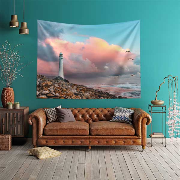 Kayalık Kıyı Deniz Feneri Gün Batımı Duvar Örtüsü Kumaş Baskı 14285