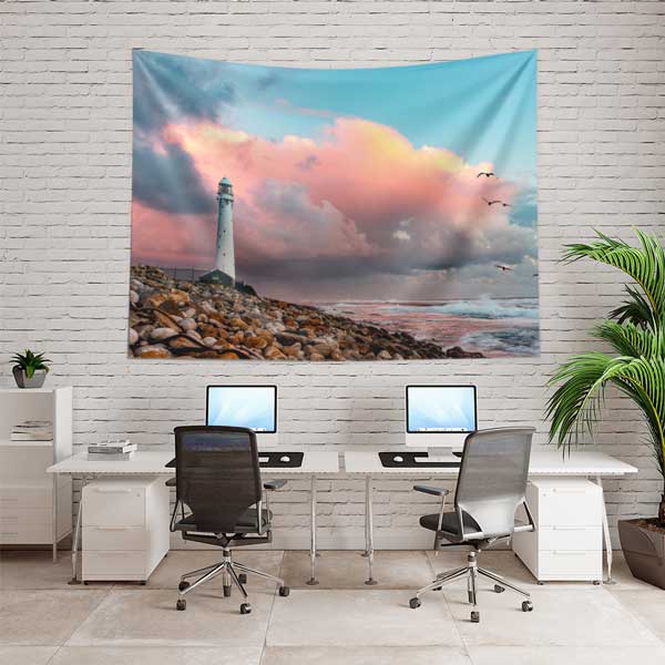 Kayalık Kıyı Deniz Feneri Gün Batımı Duvar Örtüsü Kumaş Baskı 14285