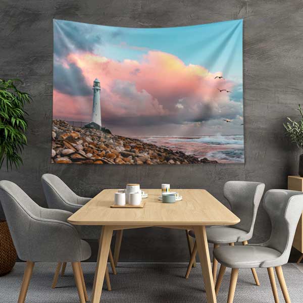 Kayalık Kıyı Deniz Feneri Gün Batımı Duvar Örtüsü Kumaş Baskı 14285