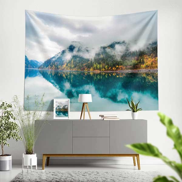 wall-tapestry-art-14293-00 Sisli Dağlar ve Göl Yansıması Doğa Manzarası Duvar Örtüsü 14293
