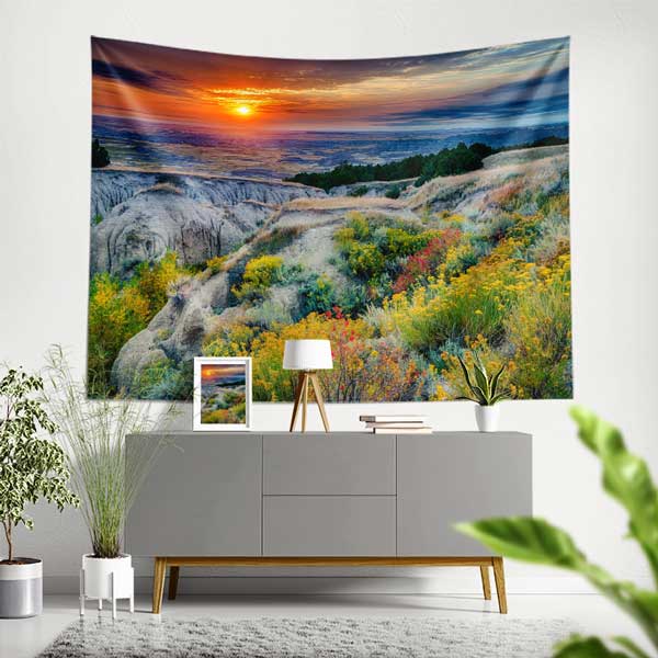 wall-tapestry-decor-14271-00 Gün Batımı ve Kayalık Doğa Manzarası Duvar Örtüsü Kumaş Baskı 14271