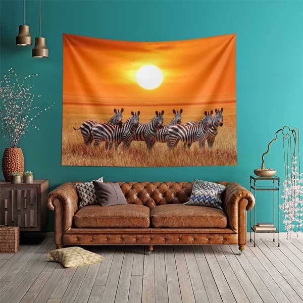 Afrika Savanası Gün Batımı Zebra Sürüsü Duvar Örtüsü Kumaş Baskı 14283