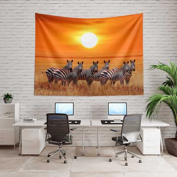 Afrika Savanası Gün Batımı Zebra Sürüsü Duvar Örtüsü Kumaş Baskı 14283