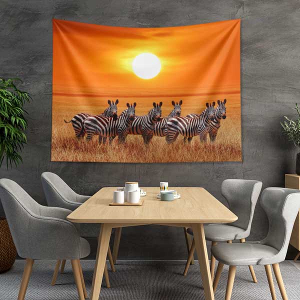 Afrika Savanası Gün Batımı Zebra Sürüsü Duvar Örtüsü Kumaş Baskı 14283