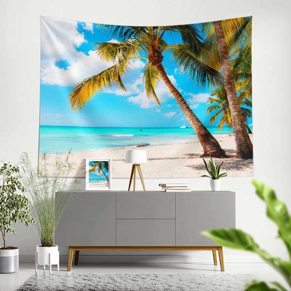 wall-tapestry-decor-14297-00 Palmiye Ağaçlı Tropikal Sahil ve Turkuaz Deniz Duvar Örtüsü 14297
