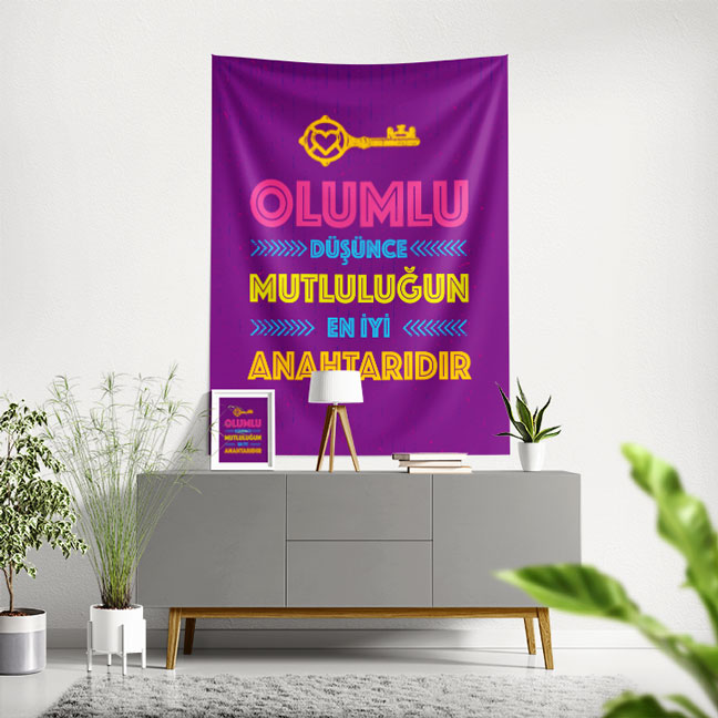 Olumlu Düşünce Mutluluğun En İyi Anahtarı Yazılı İlham Verici Duvar Örtüsü 7652