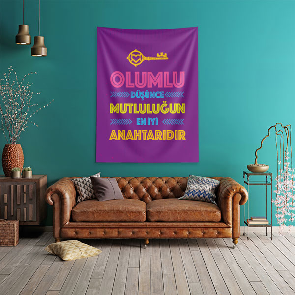 Olumlu Düşünce Mutluluğun En İyi Anahtarı Yazılı İlham Verici Duvar Örtüsü 7652