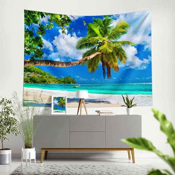 wall-tapestry-design-14294-00 Palmiye Ağaçlı Tropikal Sahil Manzarası Duvar Örtüsü 14294