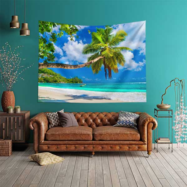 wall-tapestry-design-14294-01 Palmiye Ağaçlı Tropikal Sahil Manzarası Duvar Örtüsü 14294