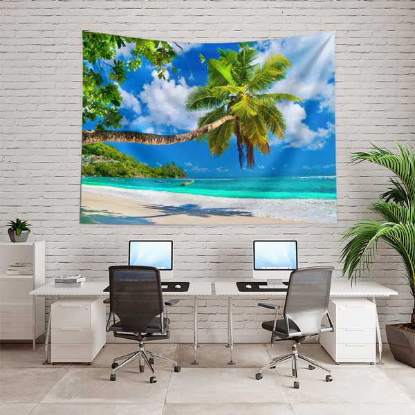 wall-tapestry-design-14294-02 Palmiye Ağaçlı Tropikal Sahil Manzarası Duvar Örtüsü 14294