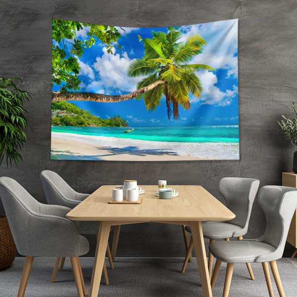 wall-tapestry-design-14294-03 Palmiye Ağaçlı Tropikal Sahil Manzarası Duvar Örtüsü 14294