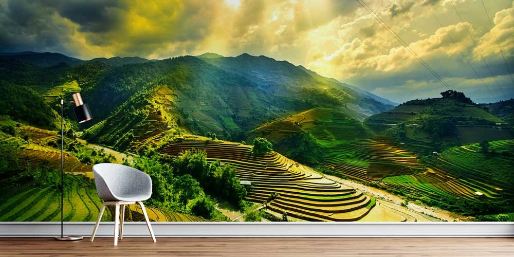 Güneş Işığı Teras Pirinç Tarlaları Dağ Manzarası Duvar Kaplaması 12867