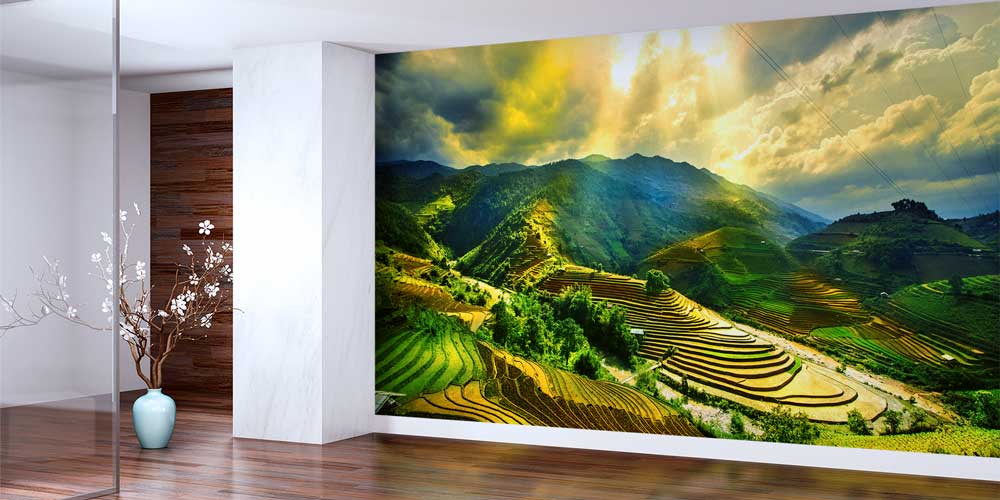 Güneş Işığı Teras Pirinç Tarlaları Dağ Manzarası Duvar Kaplaması 12867