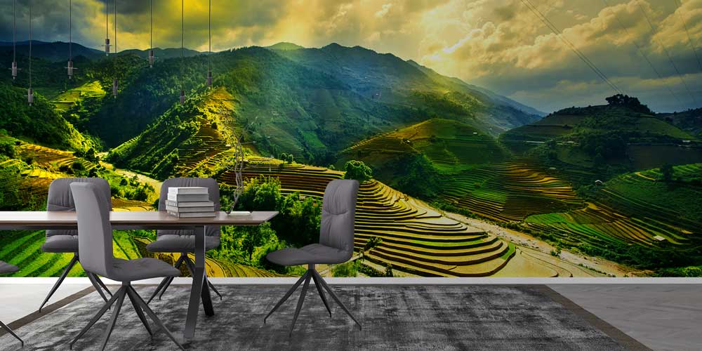 Güneş Işığı Teras Pirinç Tarlaları Dağ Manzarası Duvar Kaplaması 12867
