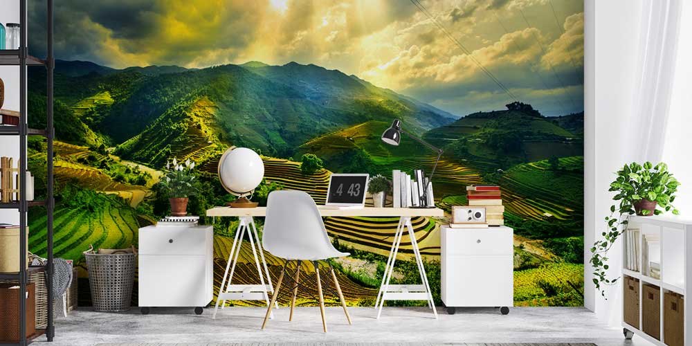 Güneş Işığı Teras Pirinç Tarlaları Dağ Manzarası Duvar Kaplaması 12867