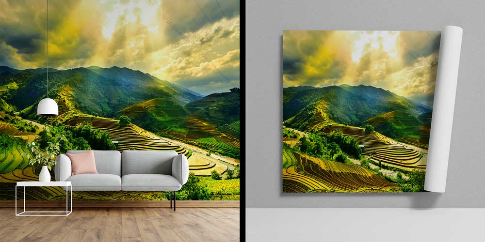 Güneş Işığı Teras Pirinç Tarlaları Dağ Manzarası Duvar Kaplaması 12867