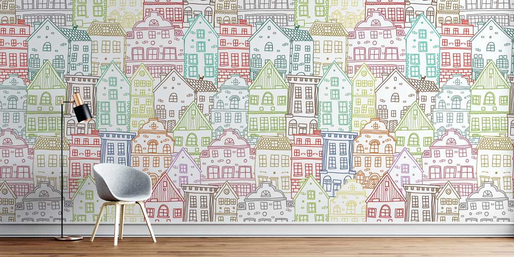 Renkli Ev Çizimleri Dekoratif Duvar Kağıdı 5560