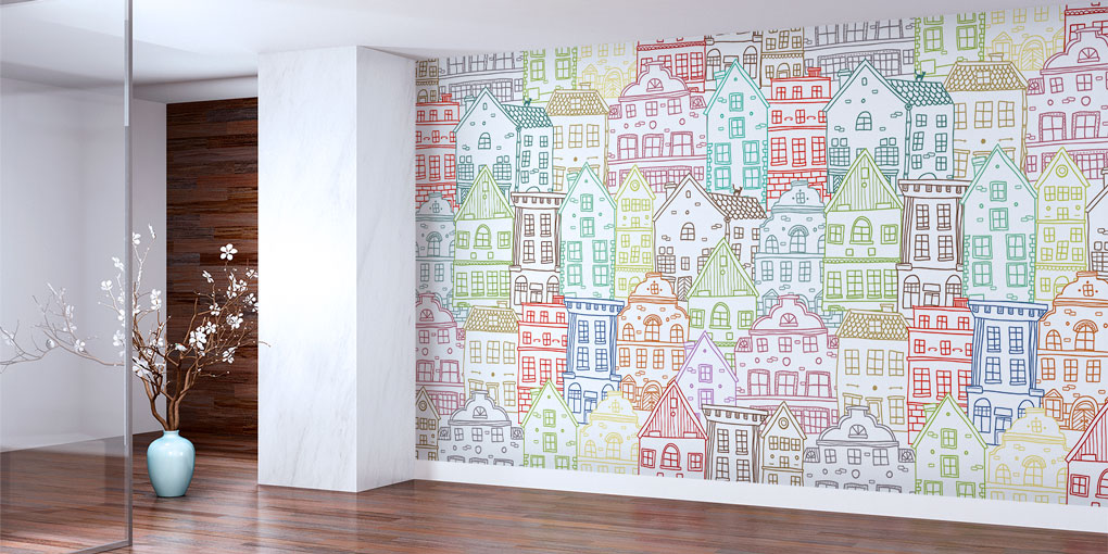 Renkli Ev Çizimleri Dekoratif Duvar Kağıdı 5560