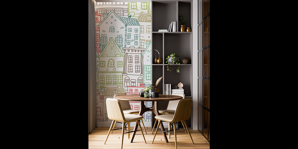 Renkli Ev Çizimleri Dekoratif Duvar Kağıdı 5560